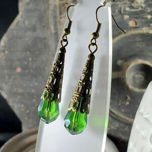 Antique Bronze Filigree Faceted Emerald Green Crystal Teardrop Earrings